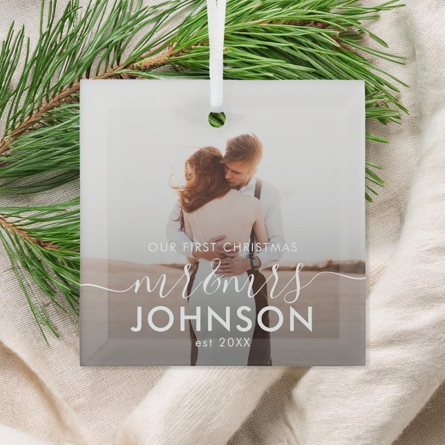 Our First Christmas Elegant Script Mr and Mrs Glass Ornament (Creator Uploaded)