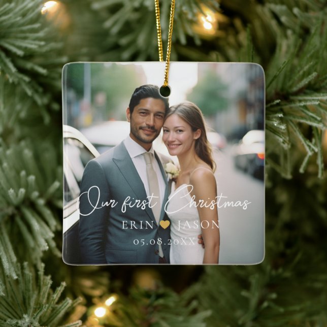 Our first Christmas!  Elegant, Simpel, Photo Ceramic Ornament (Tree)