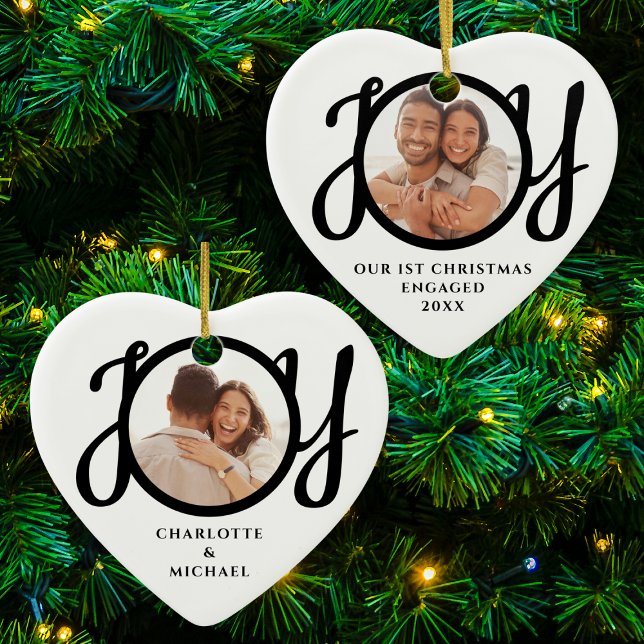 Our First Christmas Engaged 2 Photo Heart-Shaped Ceramic Ornament (Creator Uploaded)