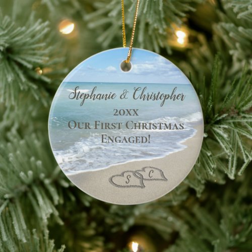 Our First Christmas Engaged Beach Hearts in Sand Ceramic Ornament