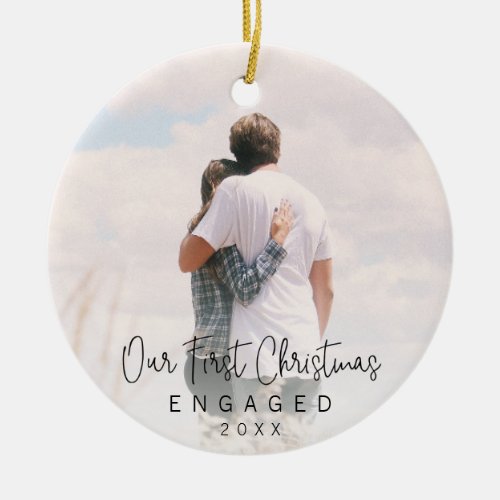 Our First Christmas Engaged Black Script Photo Ceramic Ornament