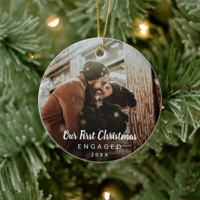 Our First Christmas Engaged Chalk Script Photo Ceramic Ornament (Tree)