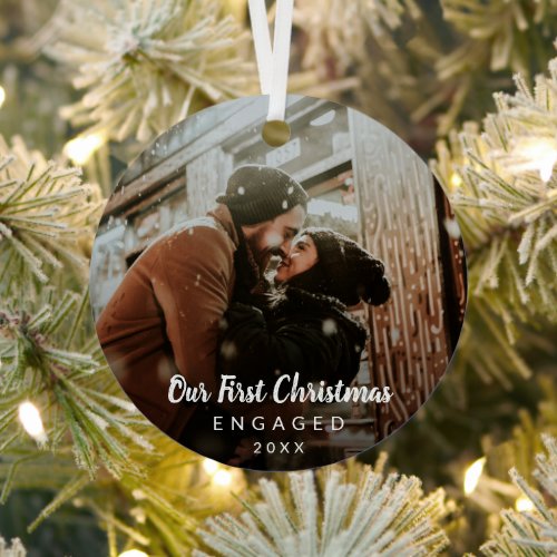 Our First Christmas Engaged Chalk Script Photo Metal Ornament