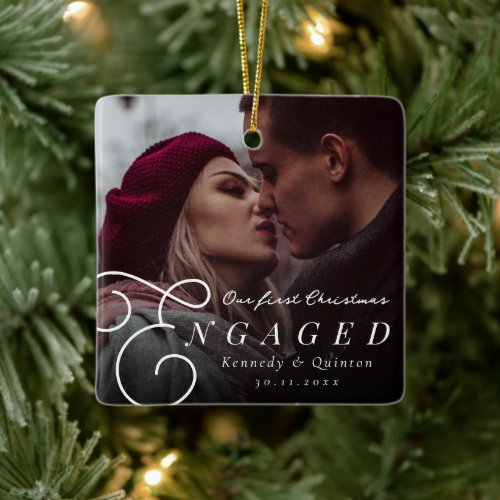 Our First Christmas Engaged Classic Minimal Photo Ceramic Ornament