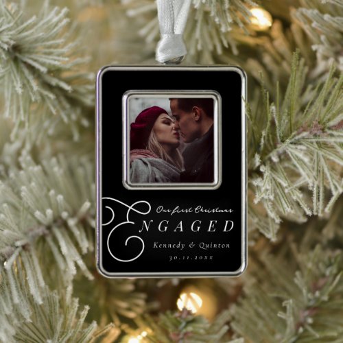 Our First Christmas Engaged Classic Minimal Photo Christmas Ornament