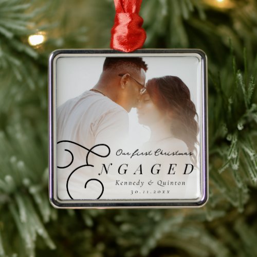Our First Christmas Engaged Classic Minimal Photo Metal Ornament