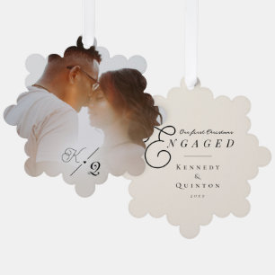 Our First Christmas Engaged Classic Minimal Photo Ornament Card