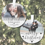 Our First Christmas Engaged Couple 2 Photo Ornament<br><div class="desc">Personalized Our First Christmas Engaged Ornament. Celebrate your first holiday season as an engaged couple with this elegant, custom ornament, perfect for capturing the excitement of your new chapter together. The front features space for a treasured photo of the two of you, adorned with the phrase "Our First Christmas Engaged"...</div>