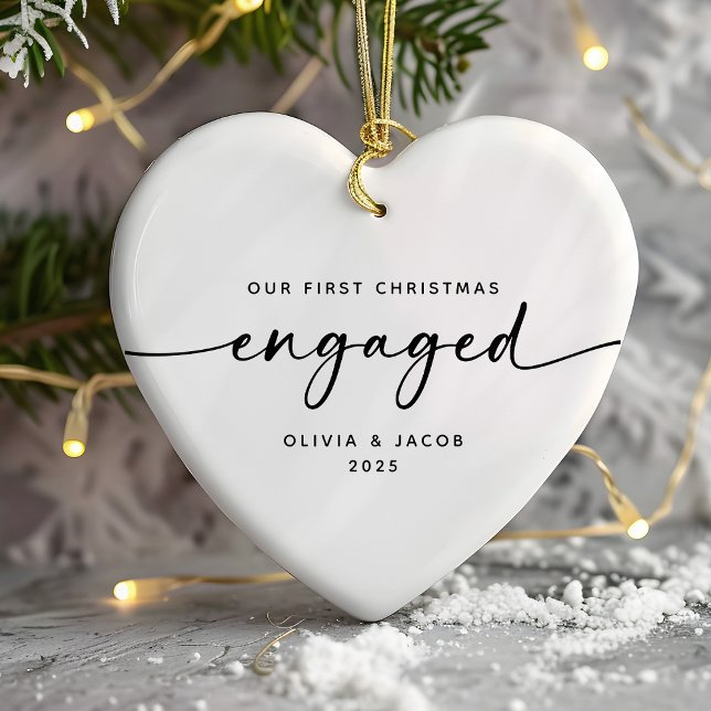 Our First Christmas Engaged Couple Heart Ceramic Ornament (Creator Uploaded)