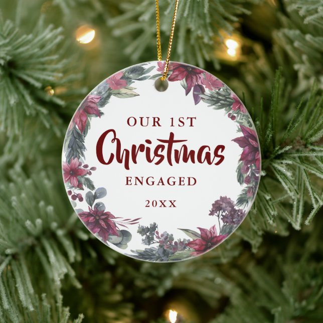 Our First Christmas Engaged Couple Photo Floral Ceramic Ornament (Tree)