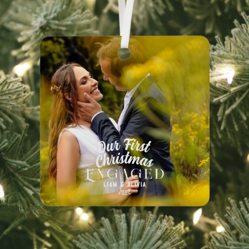  Our First Christmas Engaged Couple Photo Metal Ornament