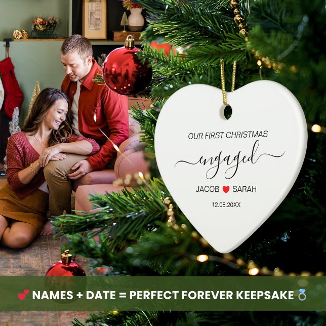 Our First Christmas Engaged Couples Name and Date  Ceramic Ornament (Our First Christmas Engaged Holiday Heart Shaped Ceramic Christmas Ornament Personalized Names Date)