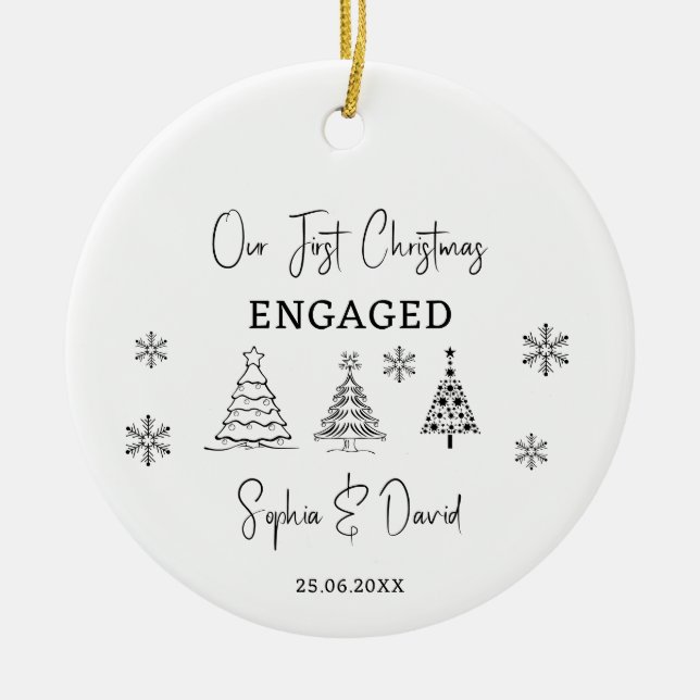 Our First Christmas Engaged Custom Engagement Gift Ceramic Ornament (Front)
