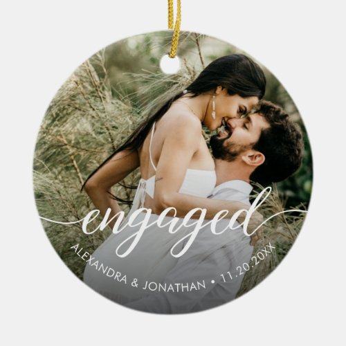 Our first Christmas Engaged Custom Photo Names Ceramic Ornament