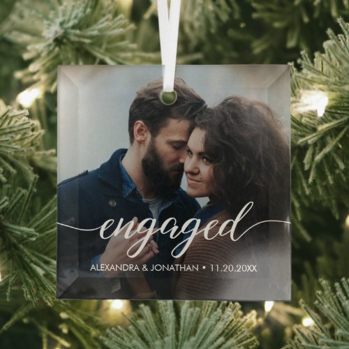 Our first Christmas Engaged Custom Photo Names  Glass Ornament