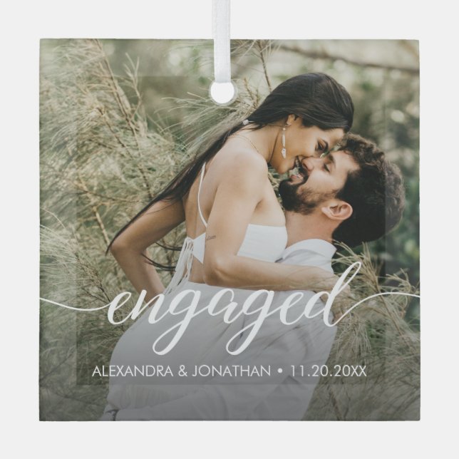 Our first Christmas Engaged Custom Photo Names  Glass Ornament (Front)