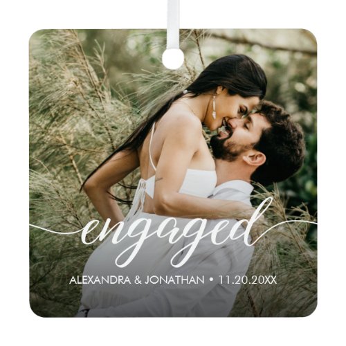 Our first Christmas Engaged Custom Photo Names  Metal Ornament