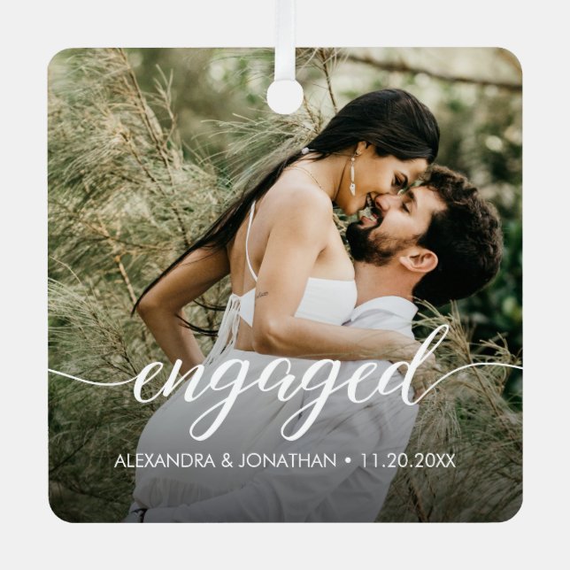 Our first Christmas Engaged Custom Photo Names  Metal Ornament (Front)