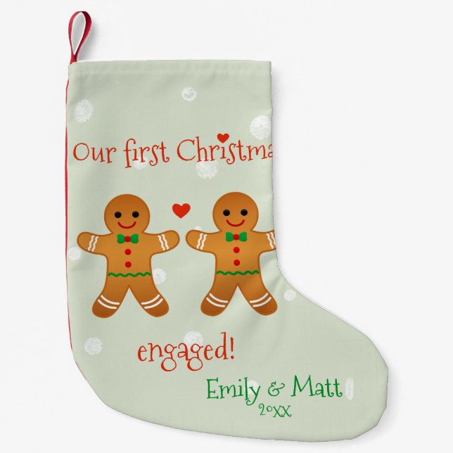 Our First Christmas Engaged - Cute Gingerbread Men Small Christmas Stocking (Front)