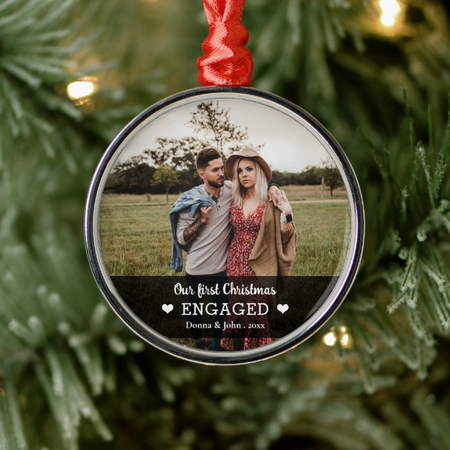 Our First Christmas Engaged Cute Heart Photo Metal Ornament (Tree)