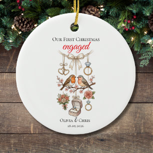 Our First Christmas Engaged Cute Ring Date Heart Ceramic Ornament