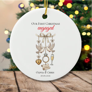 Our First Christmas Engaged Cute Ring Date Heart Ceramic Ornament