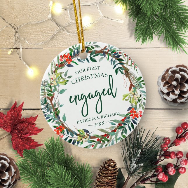 Our First Christmas Engaged Cute Rustic Wreath Ceramic Ornament (Creator Uploaded)