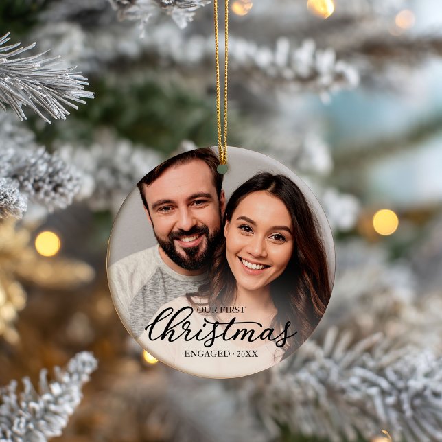 Our First Christmas Engaged Elegant Black Script Ceramic Ornament (Creator Uploaded)