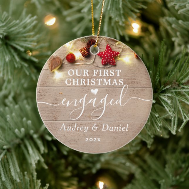 Our First Christmas Engaged Elegant Couple 1St Ceramic Ornament (Tree)