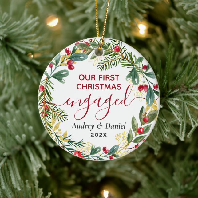 Our First Christmas Engaged Elegant Couple 1St Ceramic Ornament (Tree)