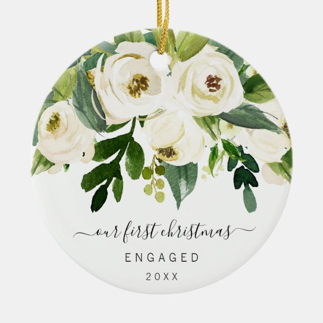 Our First Christmas Engaged Elegant Floral Photo Ceramic Ornament (Front)