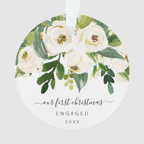 Our First Christmas Engaged Elegant Floral Photo Ornament