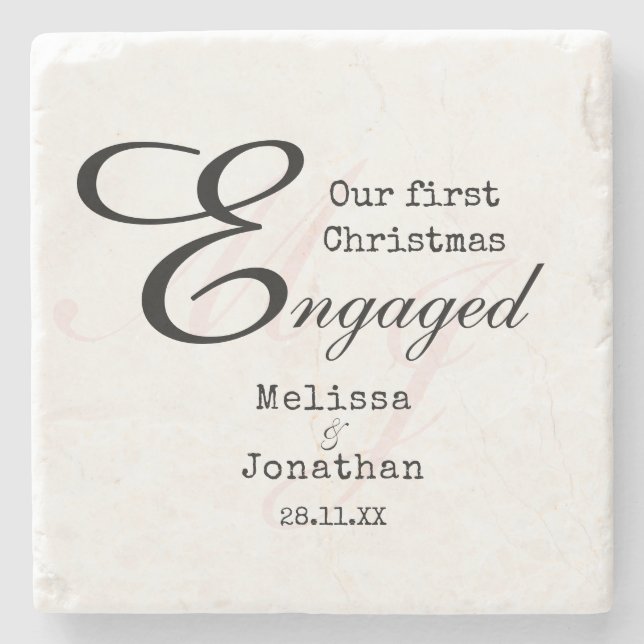 Our first Christmas Engaged Elegant Minimalist Stone Coaster (Front)