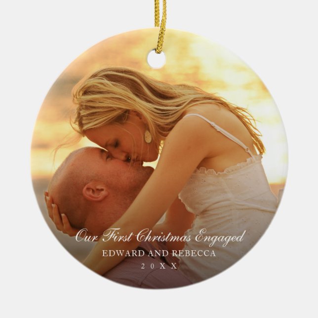 Our First Christmas Engaged Elegant Photo Ceramic Ornament (Front)