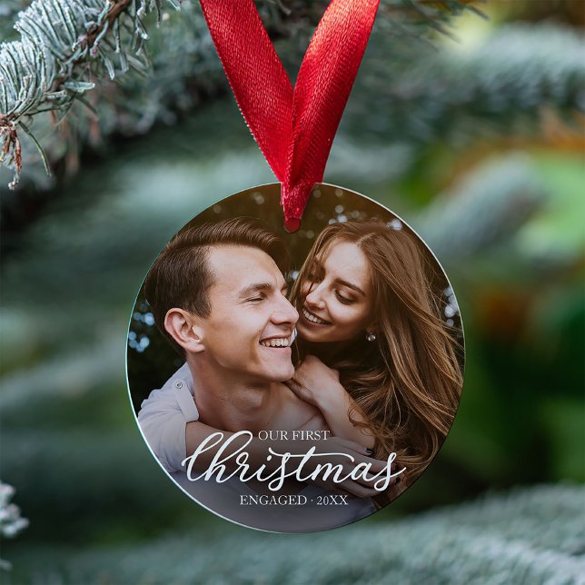 Our First Christmas Engaged Elegant White Script Ornament (Creator Uploaded)