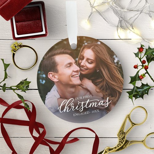 Our First Christmas Engaged Elegant White Script Ornament