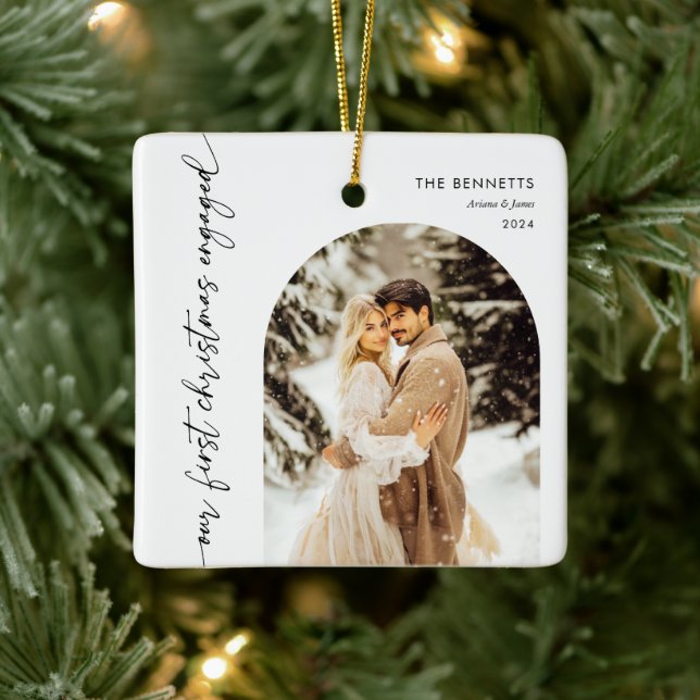 Our First Christmas Engaged Engagement Photo Ceramic Ornament (Tree)
