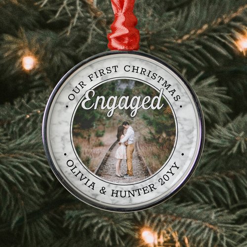 Our First Christmas Engaged Faux Marble Photo Metal Ornament