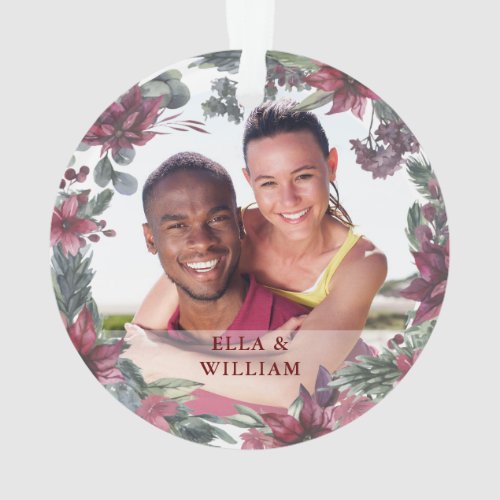 Our First Christmas Engaged Floral Couple Photo Ornament