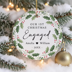 Our First Christmas Engaged Floral Greenery Wreath Ceramic Ornament