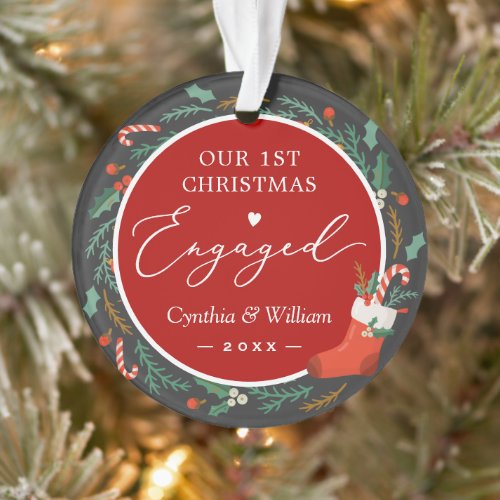 Our First Christmas Engaged Floral Wreath Photo Ornament