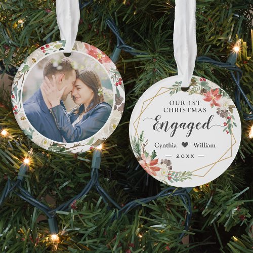 Our First Christmas Engaged Geometric Floral Photo Ornament