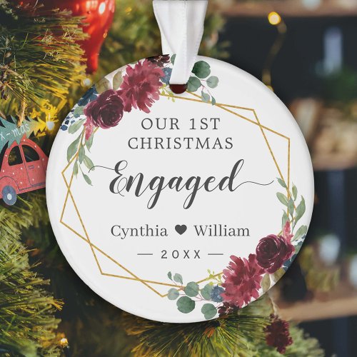 Our First Christmas Engaged Geometric Floral Photo Ornament