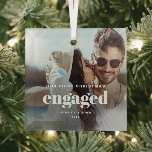 Our First Christmas Engaged Glass Photo Ornament