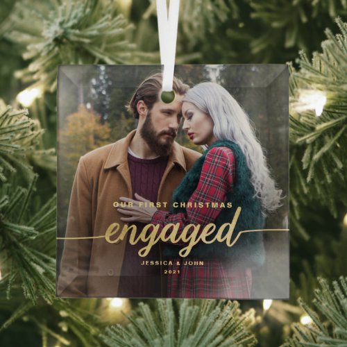 Our First Christmas Engaged Glass Photo Ornament
