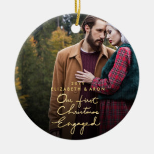 Our First Christmas Engaged Gold Custom Photo Ceramic Ornament