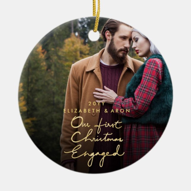 Our First Christmas Engaged Gold Custom Photo Ceramic Ornament (Front)