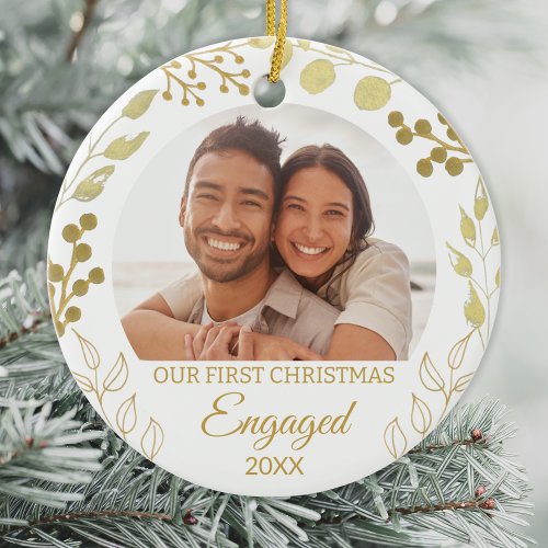 Our First Christmas Engaged Gold Foliage Photo Ceramic Ornament