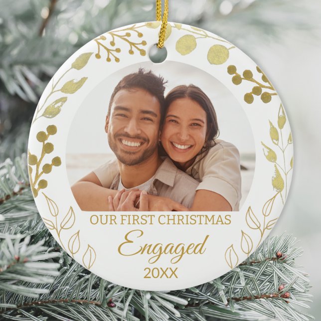 Our First Christmas Engaged Gold Foliage Photo Ceramic Ornament (Creator Uploaded)