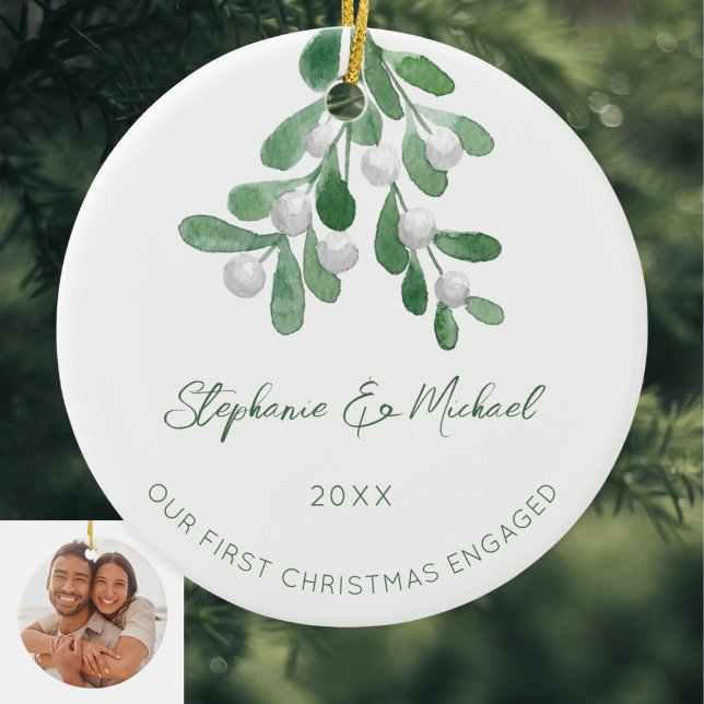 Our First Christmas Engaged Green Mistletoe Photo Ceramic Ornament (Creator Uploaded)